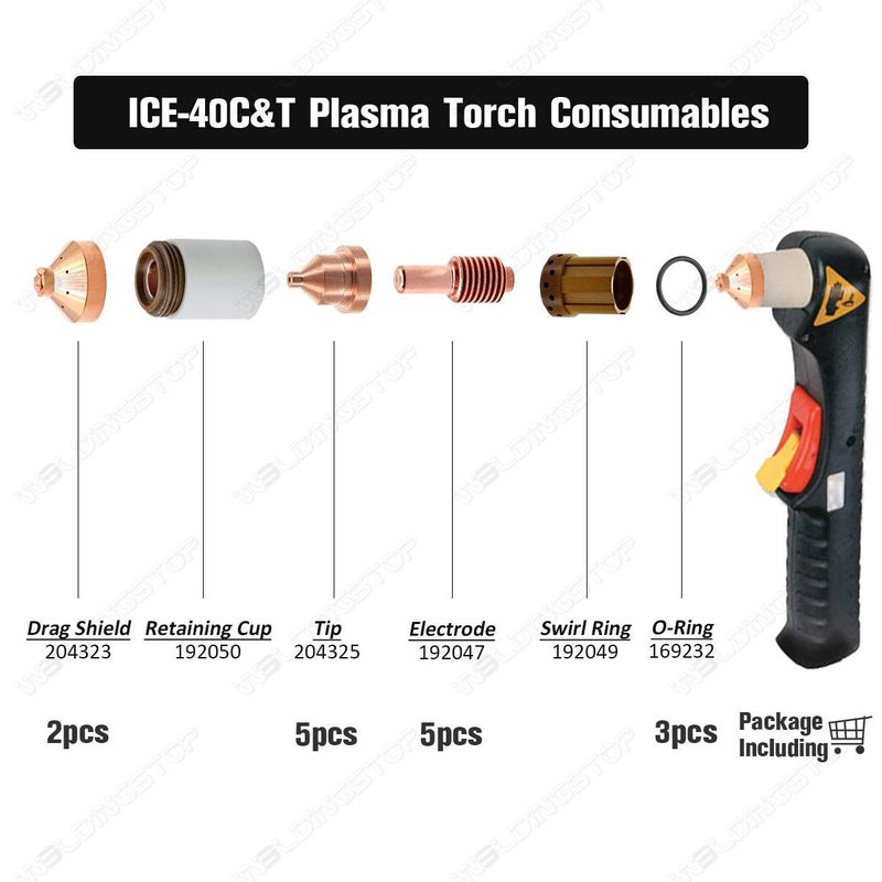 WeldingStop ICE-40C/T Plasma Electrode 192047 204325 Tip 204323 Shield Cap fit Miller Spectrum 625 Cutter PKG-15 - Image 2